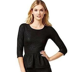 NWT Bar III Black Metallic 3/4 Sleeve Peplum Top S